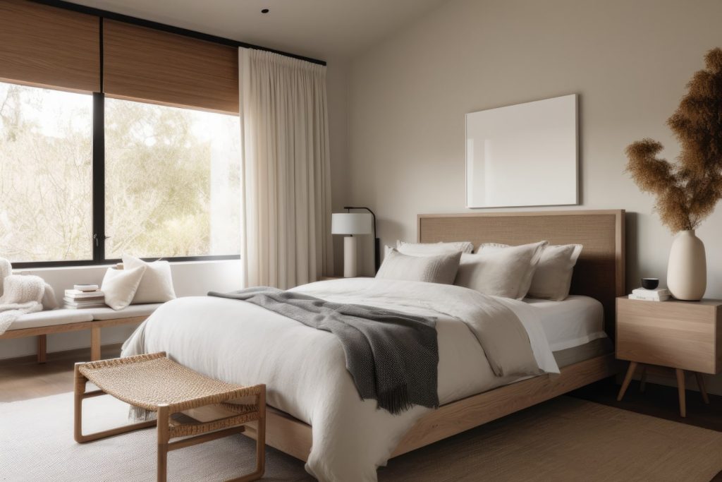 Une chambre moderne avec un lit bien fait, de la lumière naturelle et une couleur parfaite de murs